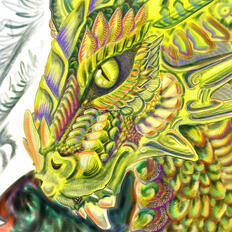 Halogen yellow digital art dragon in a colored pencil and chalk pastel style